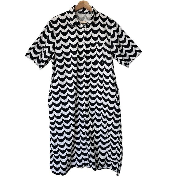 Marimekko X Uniqlo Small Black White Wave Print Linen Blend Shirt Midi Dress - Picture 2 of 10